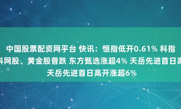 中国股票配资网平台 快讯：恒指低开0.61% 科指跌0.75% 科网股、黄金股普跌 东方甄选涨超4% 天岳先进首日高开涨超6%